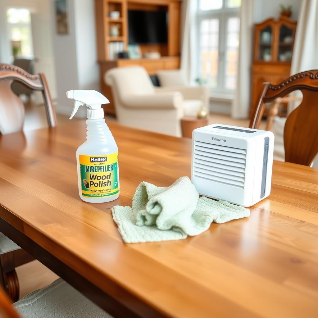 Wooden dining table with cleaning supplies and a dehumidifier in a bright living room.