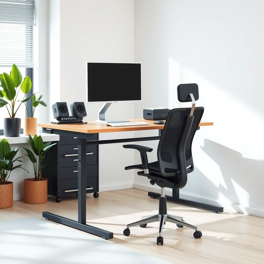 Example of an ergonomic office workstation with standing desk and proper setup