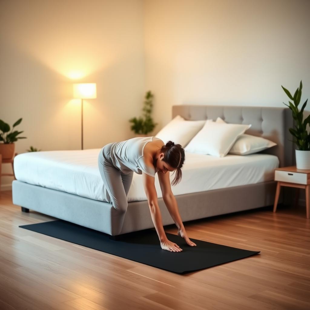 Person in pajamas doing a forward fold stretch on a yoga mat in a cozy bedroom with a comfortable bed and warm lighting.
