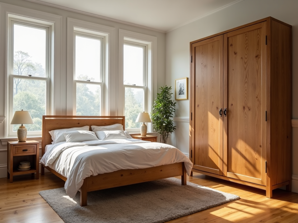 Proportional armoire and bed in a bedroom