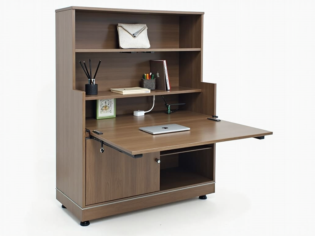 A multi-functional cabinet that serves as both a storage unit and a desk, complete with a fold-out table and charging ports.