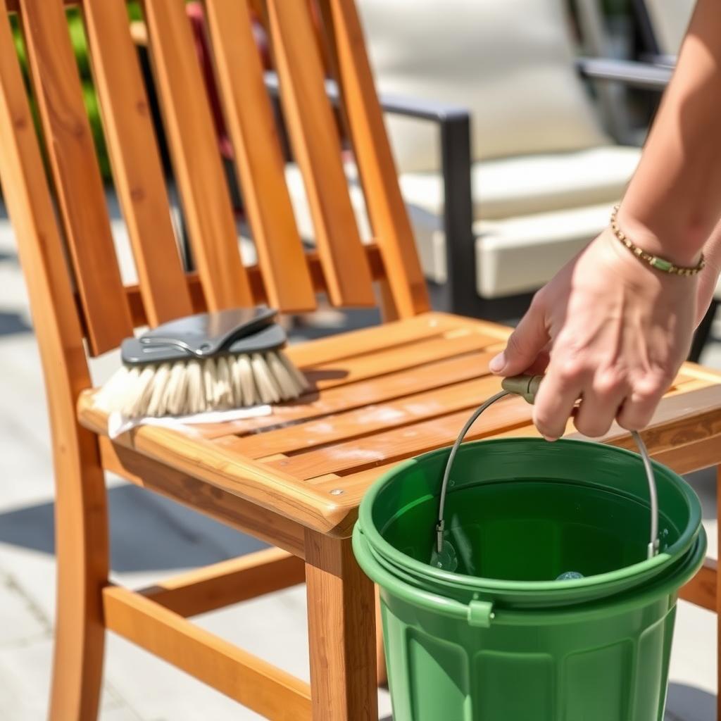 Hands cleaning a teak outdoor chair with a soft brush and soapy water on a sunny patio.