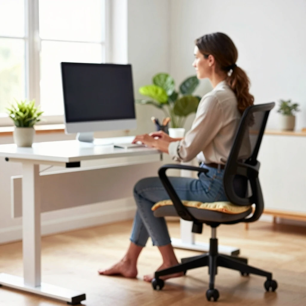 Woman at ergonomic home workstation with proper posture