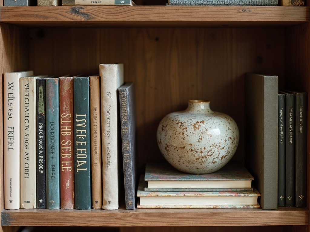 Bookshelf with layered decor, creating depth and interest.