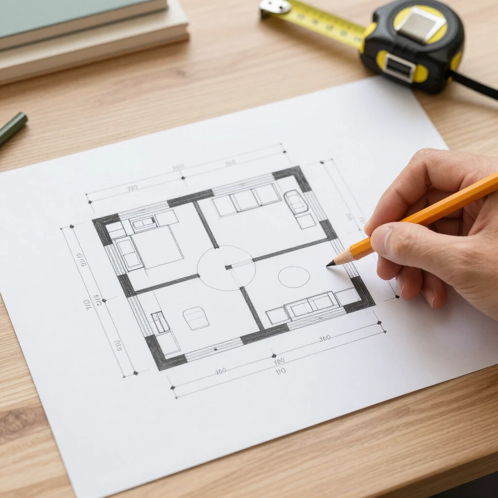 Hand-drawn floor plan sketch with furniture layout and measurements