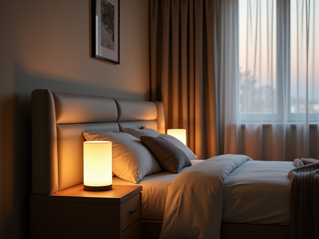 A bedroom with LED bedside lamps and sheer curtains.