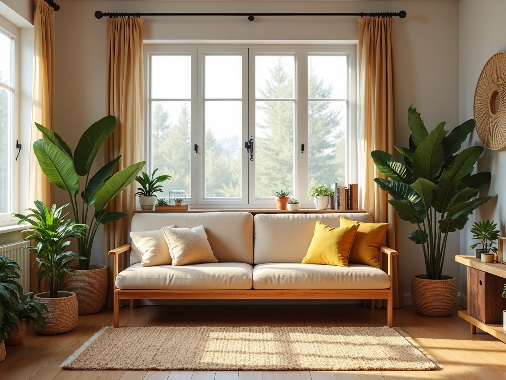 A beautiful futon set in a cozy living room with natural light.