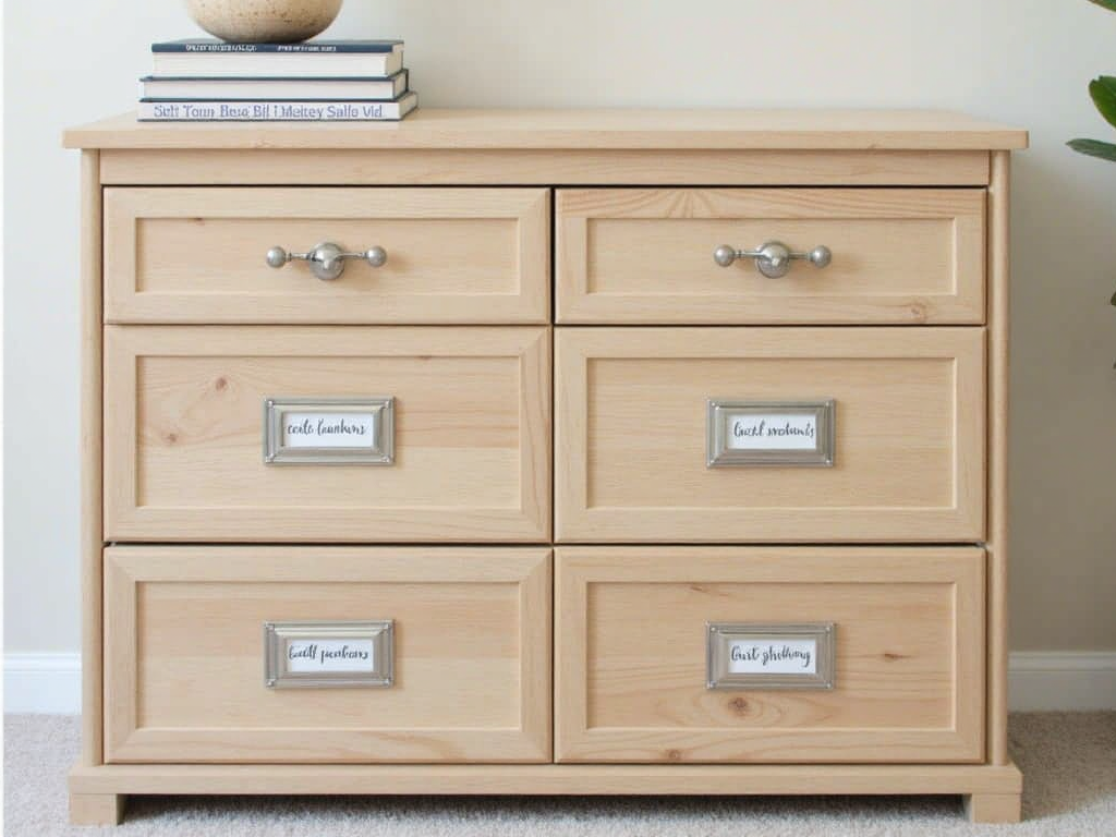 Organized dresser with labeled drawers