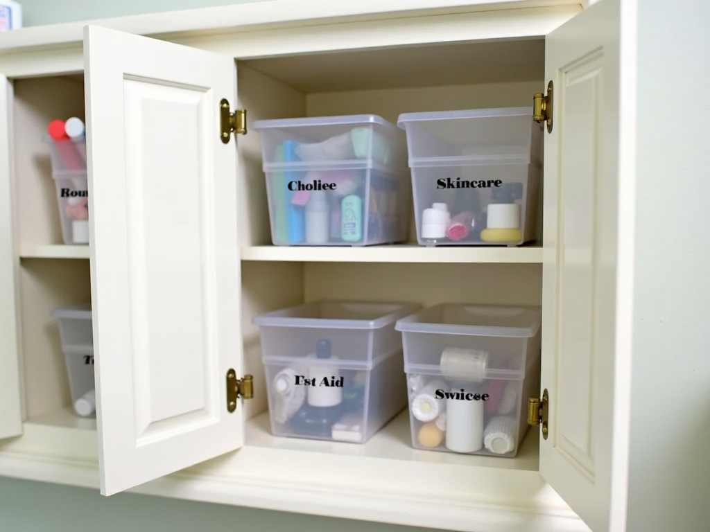 Organized bathroom cabinet with labeled clear bins