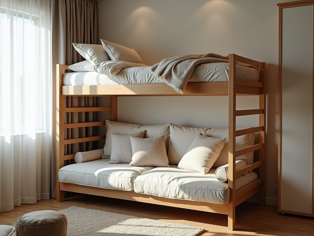 A futon bunk bed in a small apartment, perfect for maximizing space.