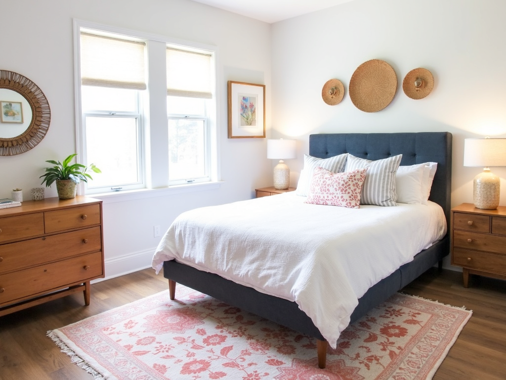 A budget-friendly bedroom with refurbished and thrifted furniture.