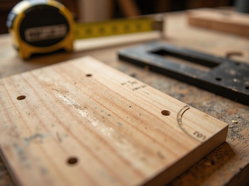 Measuring tools arranged on a workbench for woodworking
