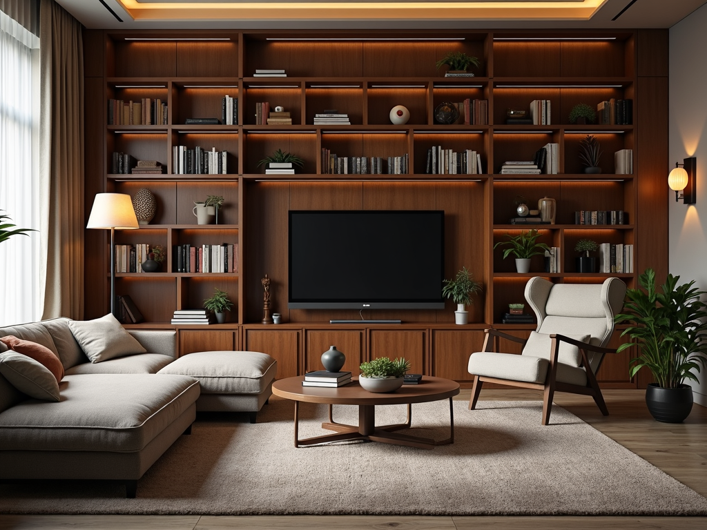 A serene living room setting with a stylish bookshelf highlighted by warm, inviting lighting.