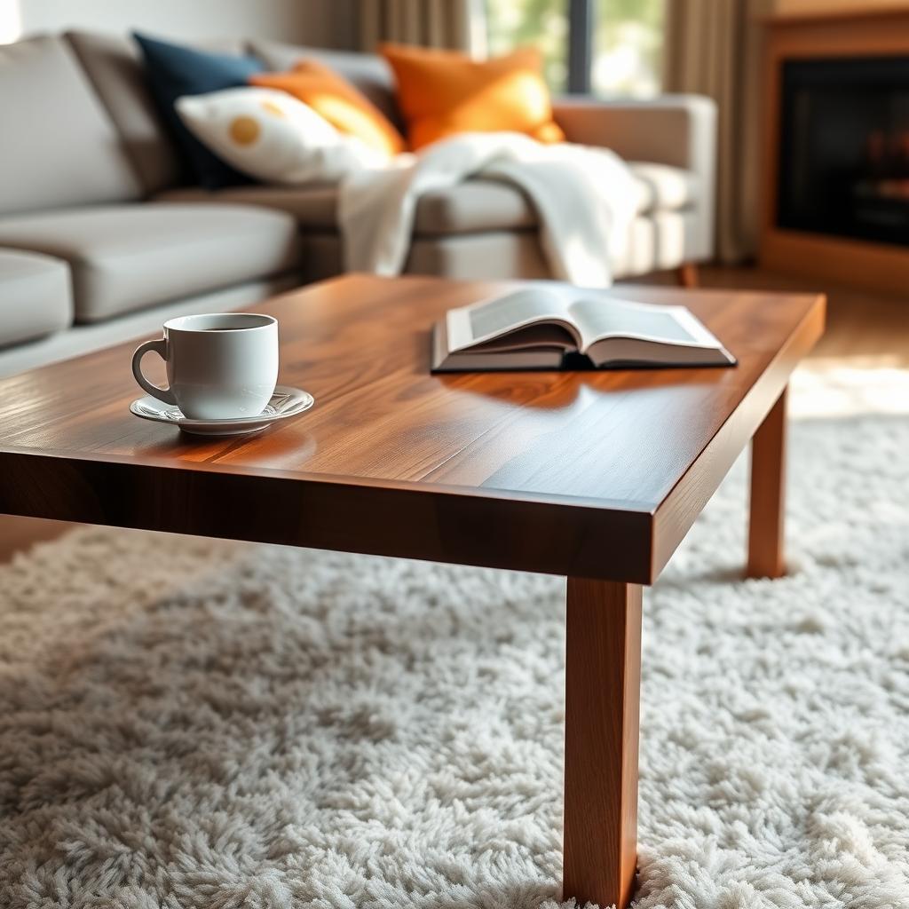 Polished wooden coffee table with a book and coffee cup in a cozy living room
