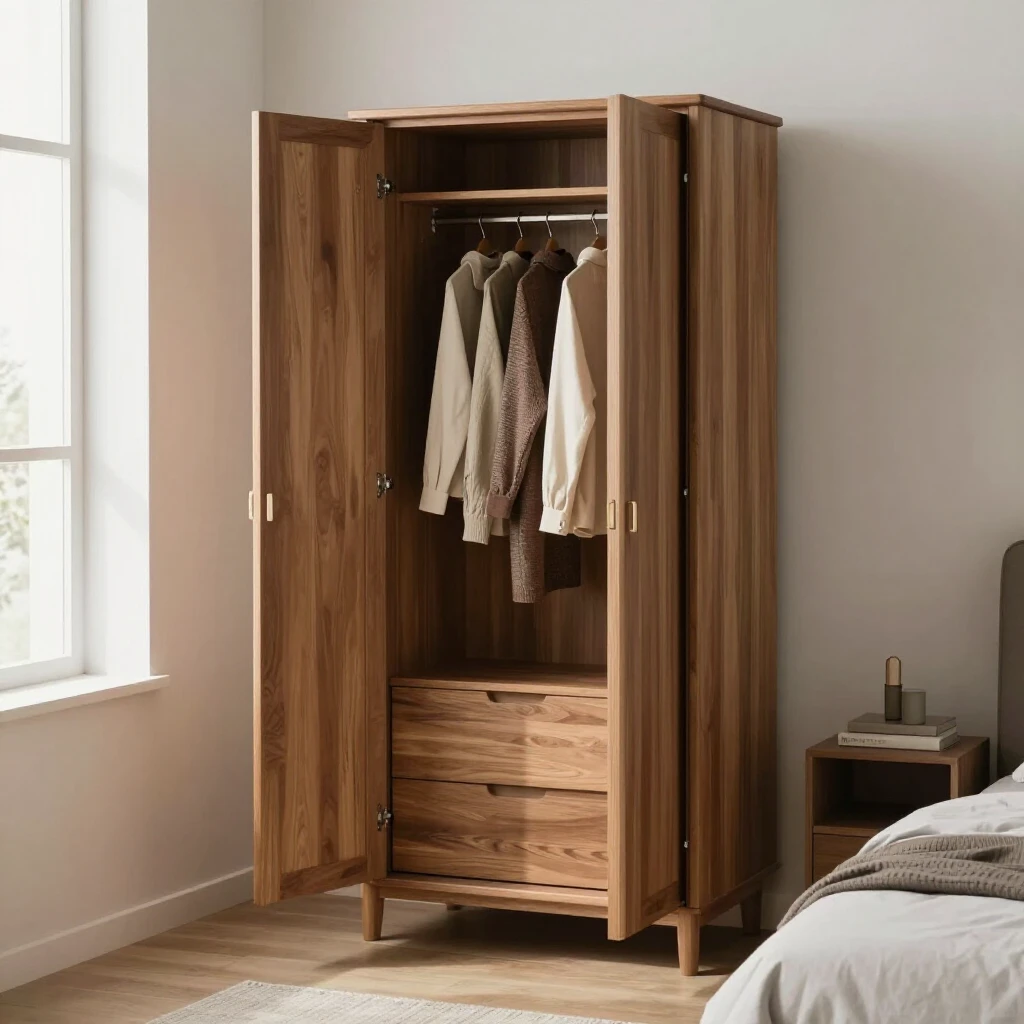 Narrow wooden armoire in a small bedroom providing compact storage