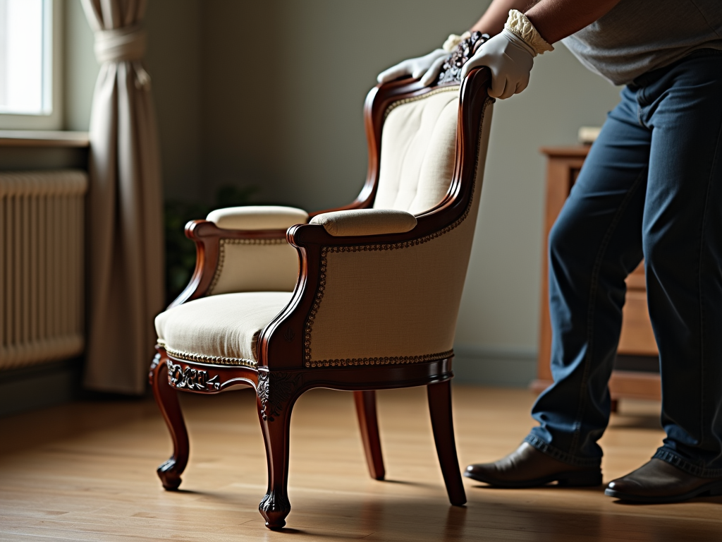 Person careful handling an antique chair with gloves.