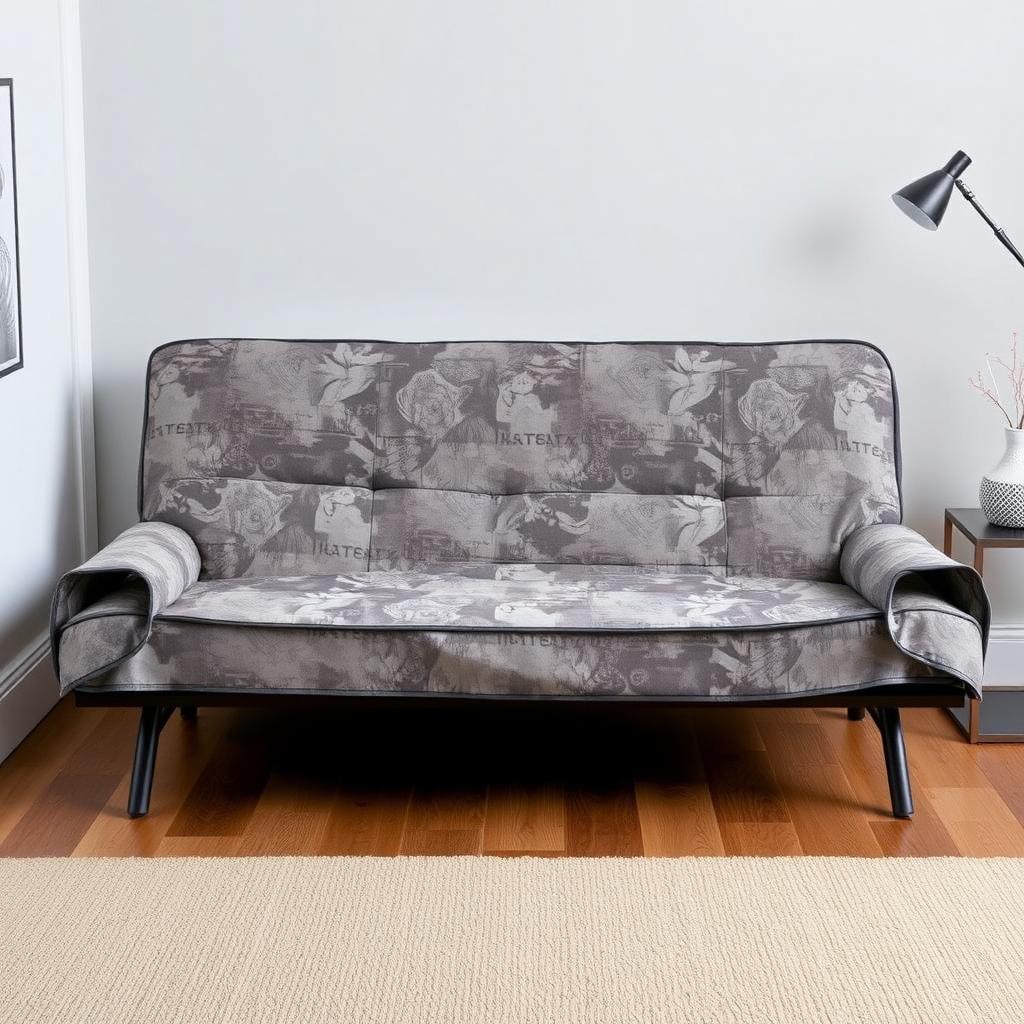 A futon in a loft apartment, with a cover that enhances the industrial aesthetic.