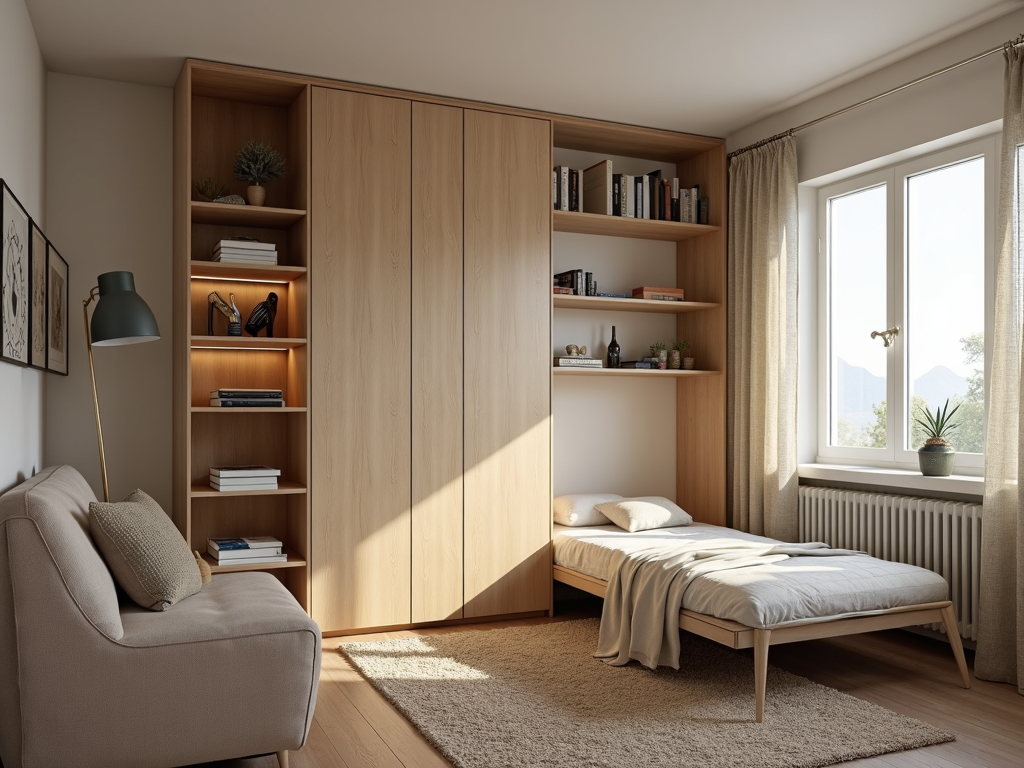 A small living room with a compact armoire and a Murphy bed, showcasing space-saving furniture solutions.
