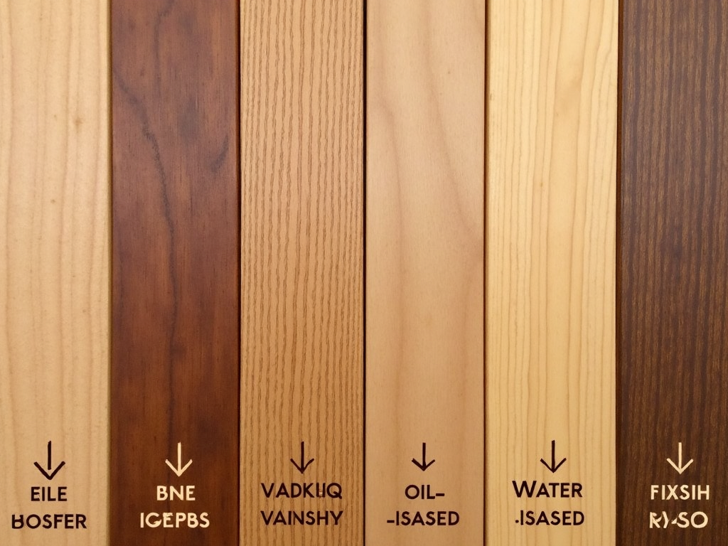 Four wooden boards with different finishes: varnish, lacquer, oil-based, and water-based.