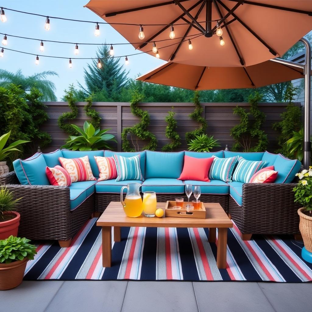 Cozy patio with wicker sofa, colorful cushions, and string lights