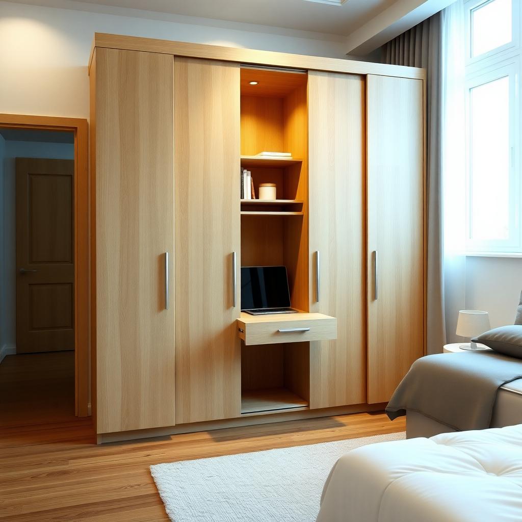 Modern light oak space-saving armoire with sliding doors and a fold-out desk in a cozy bedroom.