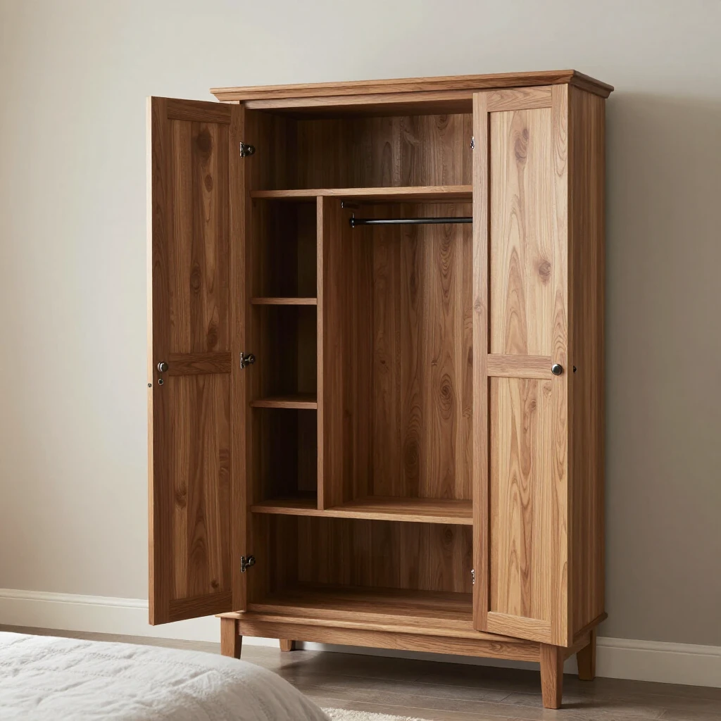Modern wooden armoire providing stylish storage in a cozy bedroom