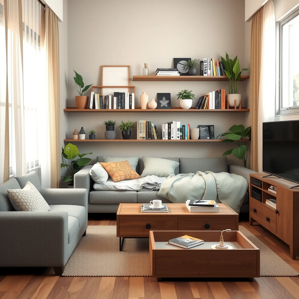 Cozy small living room showcasing multi-functional furniture and organized storage solutions