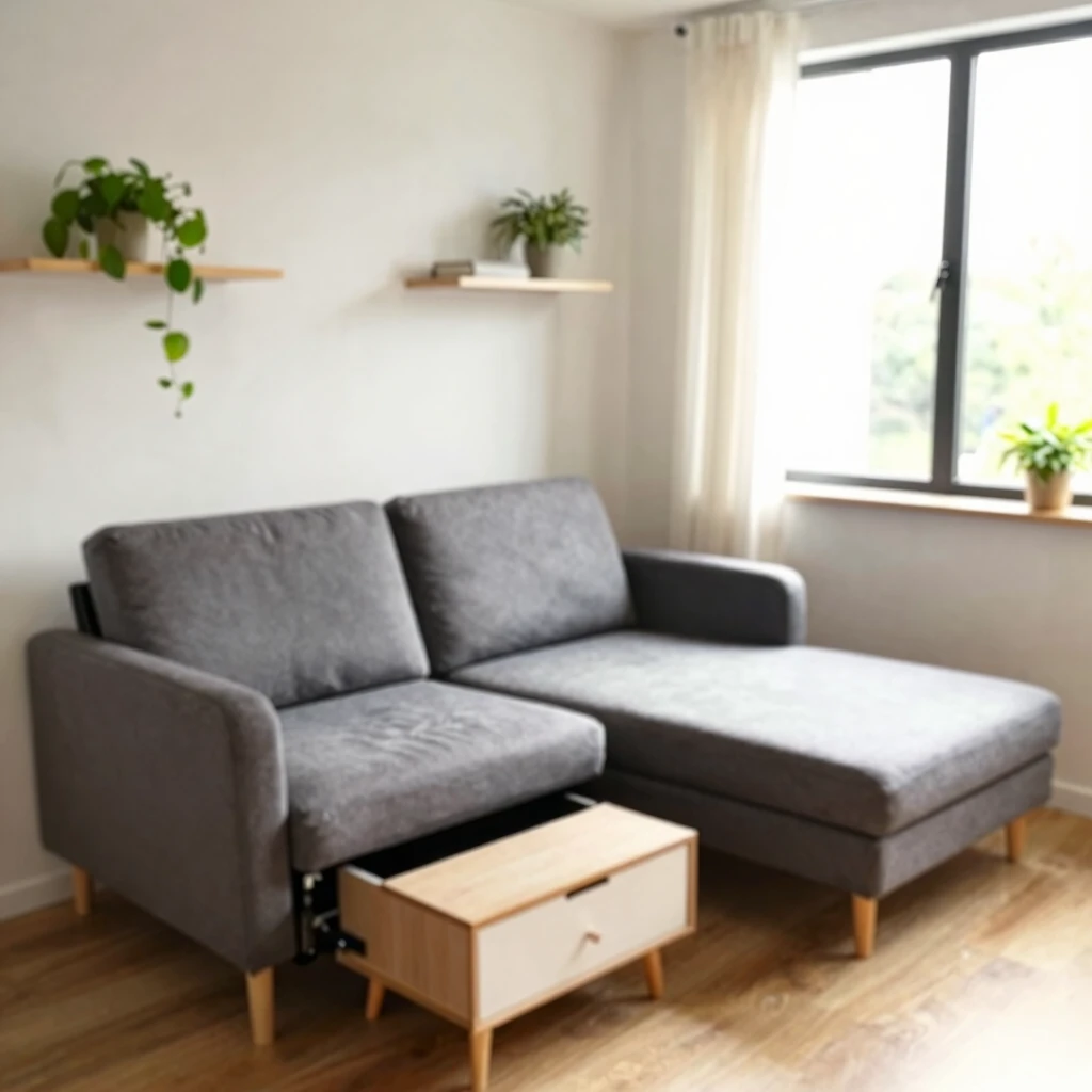 Transformable L-shaped sofa bed in a small apartment living room maximizing space