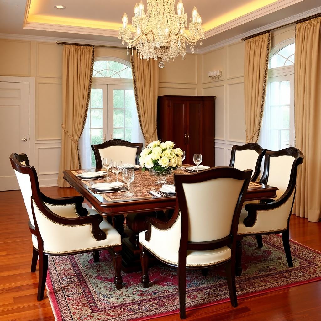 Elegant walnut dining table set with fine china and surrounded by upholstered chairs in a formal dining room with a crystal chandelier and Persian rug.