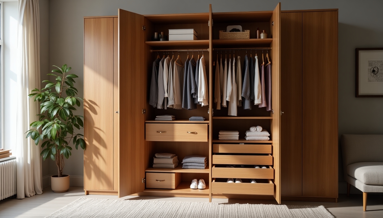 An open armoire revealing its multiple hidden compartments and storage possibilities.