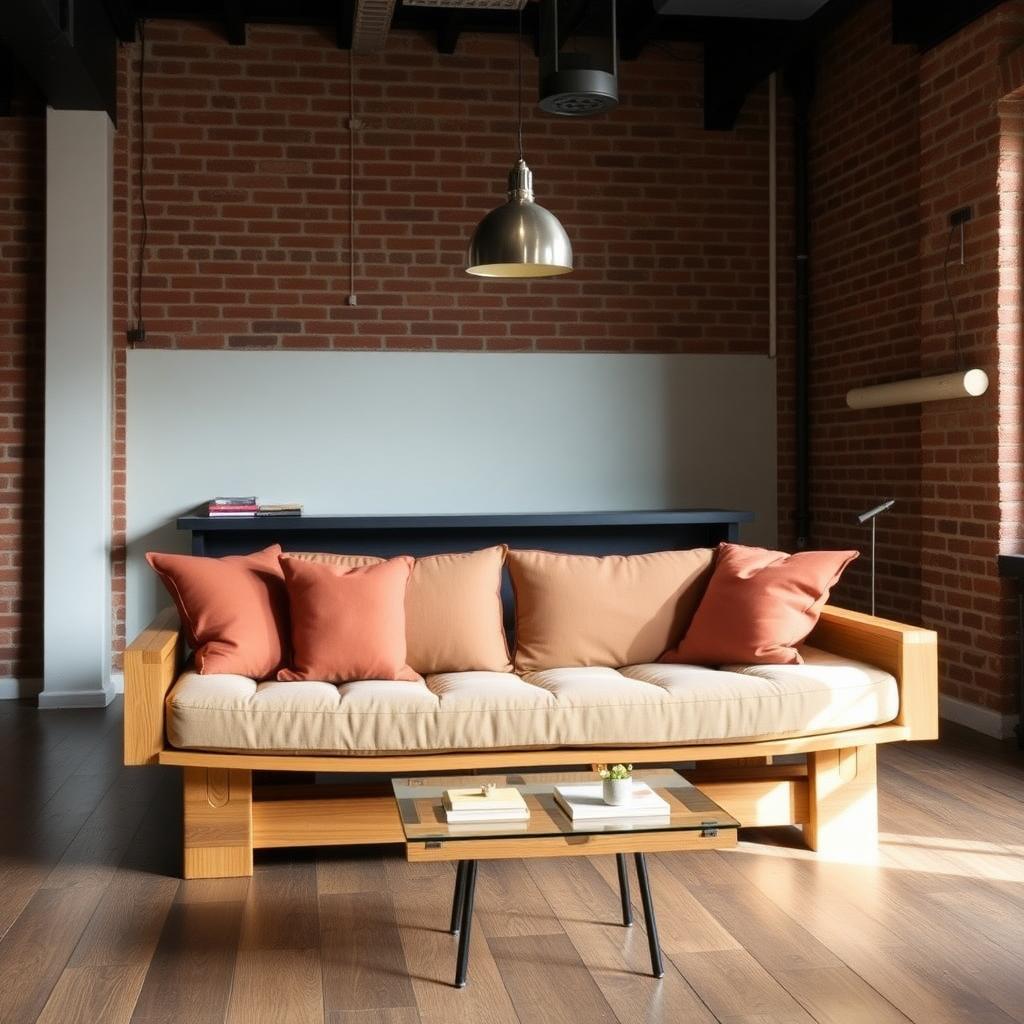 Modern loft with a reclaimed oak futon and organic cotton cushions.
