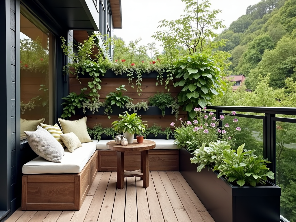 A balcony featuring multifunctional furniture, including a storage bench and a vertical garden.