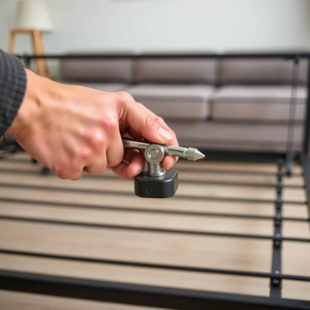 Hands using an allen wrench to assemble a metal futon frame in a modern living room.