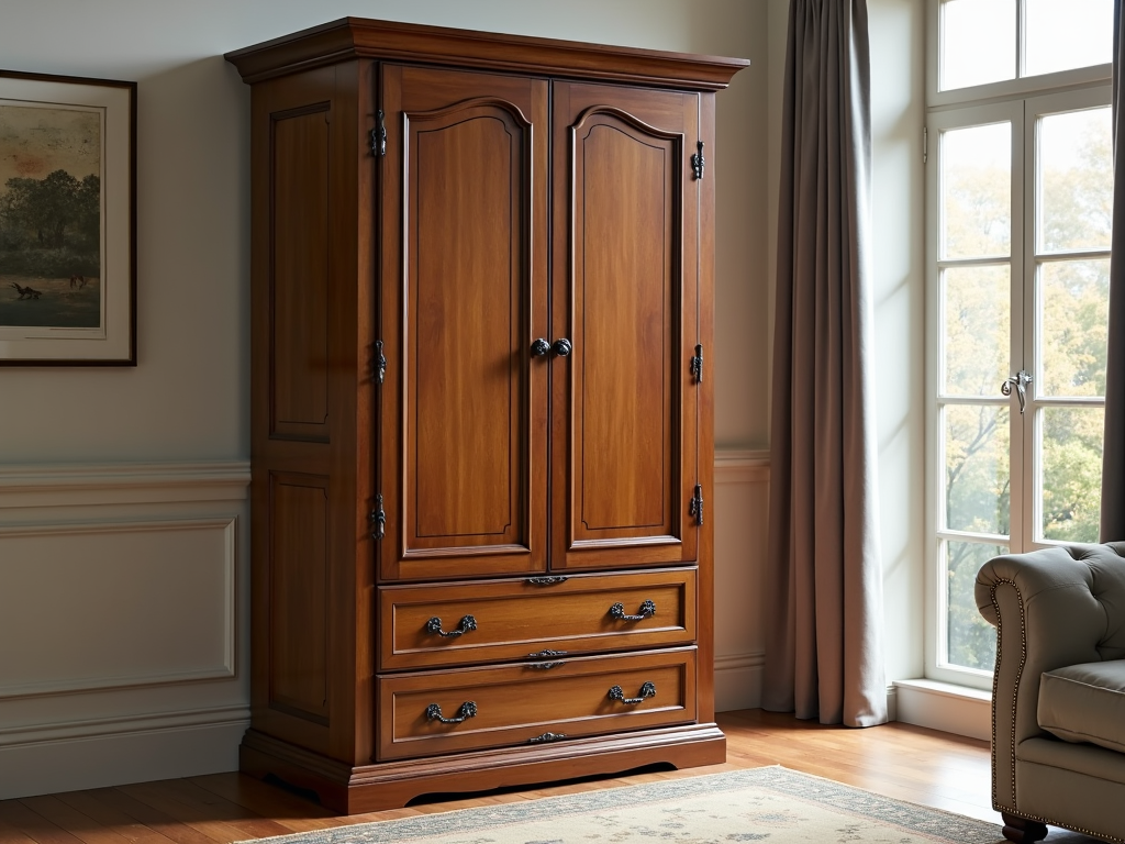 A traditional multifunctional armoire with hidden compartments.