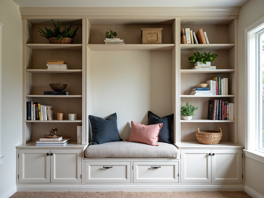 Bookshelf with built-in seating in a small living room