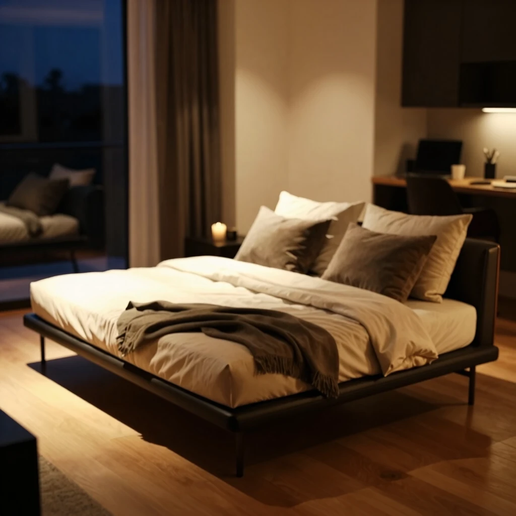 Stylish futon as a bed in a studio apartment at night with cozy bedding