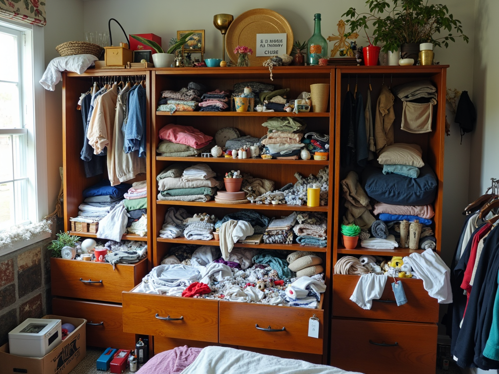 A cluttered dresser before styling, showcasing disarray and excessive items.