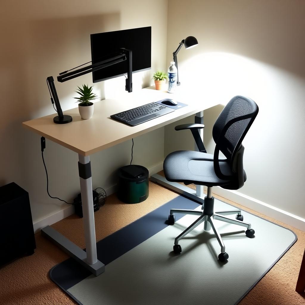 Cozy home office with a standing desk, anti-fatigue mat, and ergonomic setup.