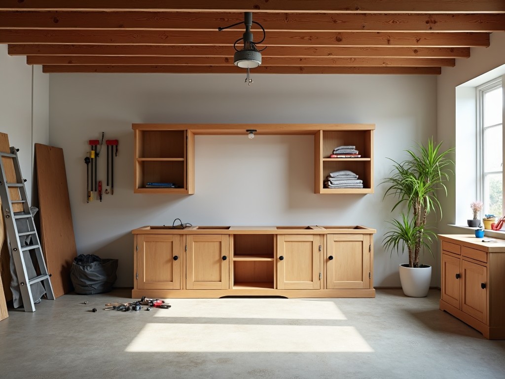 A large workspace with tools spread around a partially assembled cabinet.