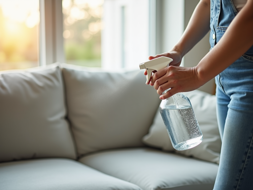 Spraying eco-friendly cleaner on upholstery
