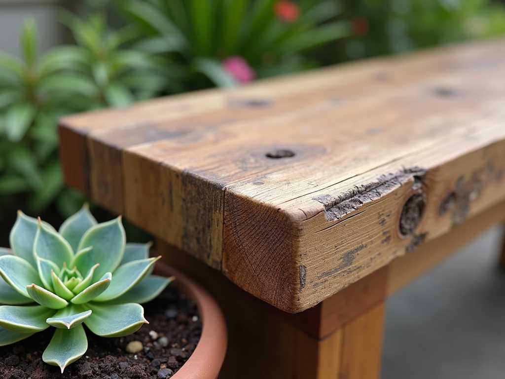 Reclaimed wood patio bench with succulent