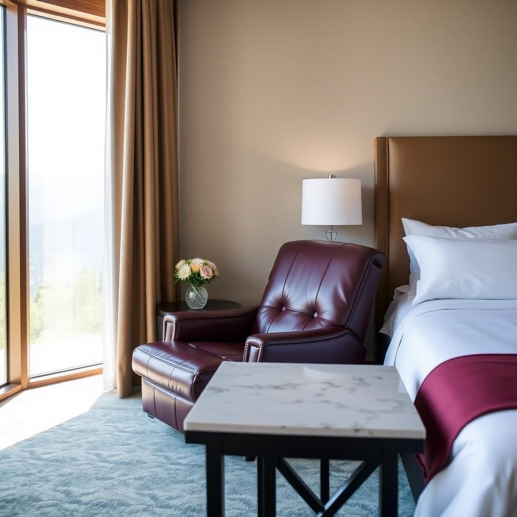 Luxurious bedroom with a deep burgundy Baxter recliner and elegant decor.