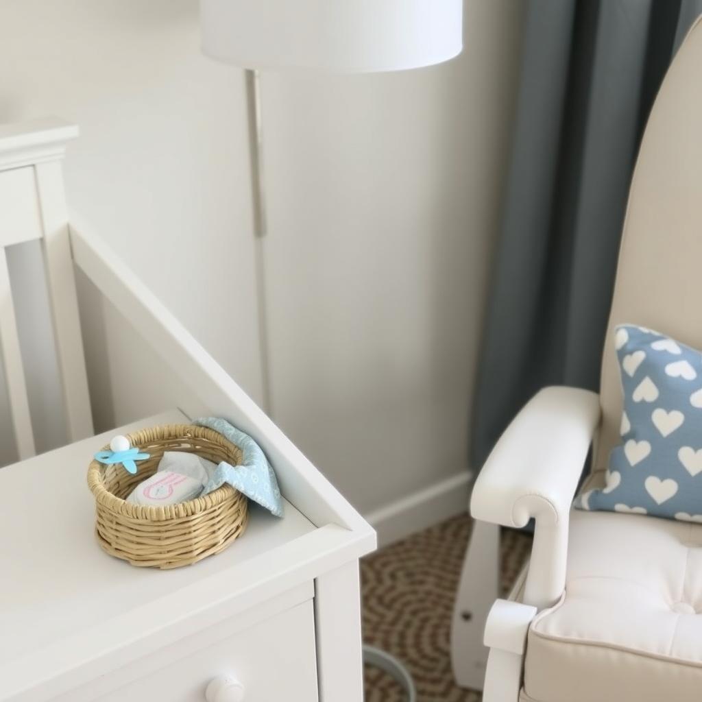 A nursery nightstand with baby essentials in a basket.