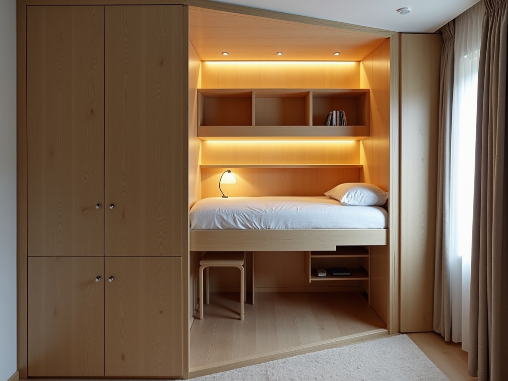 A Murphy bed folded up in a bedroom, revealing a workspace.