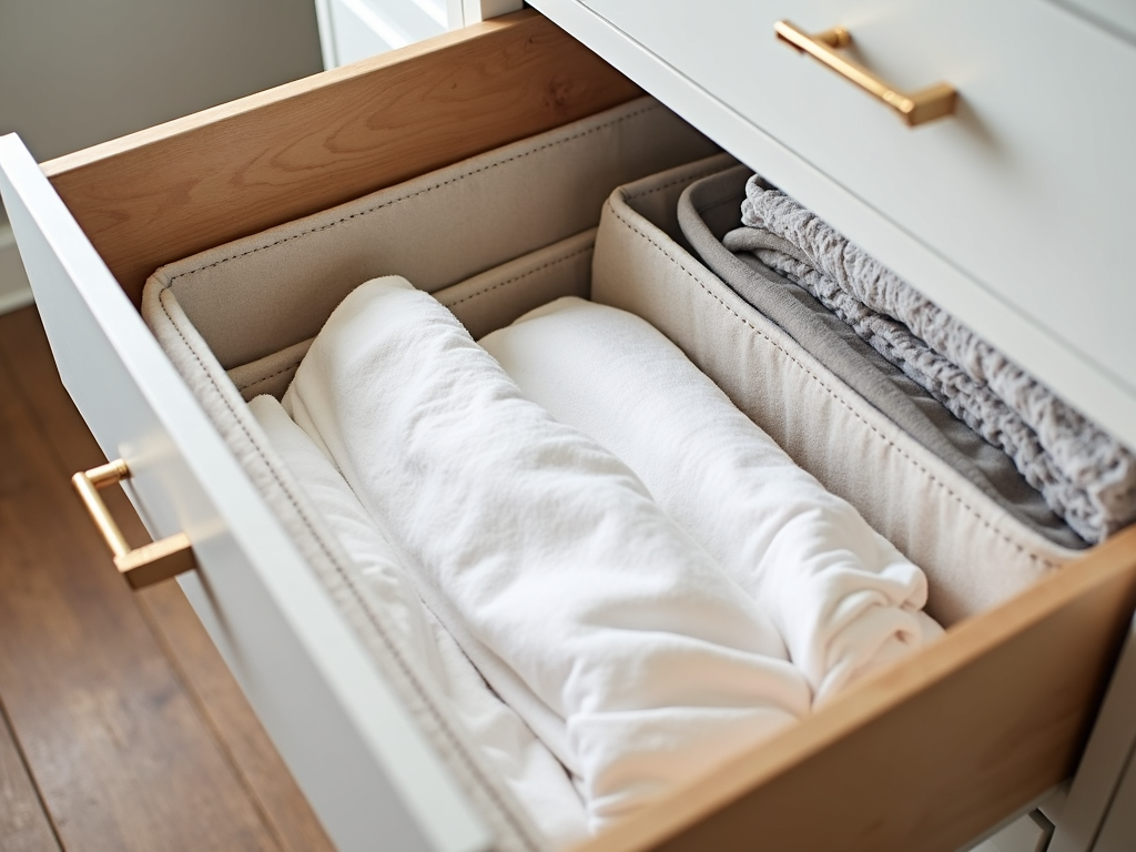 A sideboard drawer organized with baskets and dividers for linens and bedding.