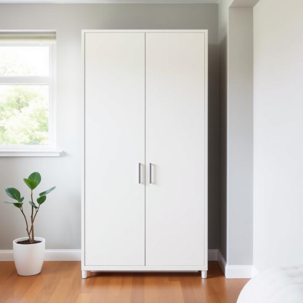 Matte white minimalist armoire in a modern bedroom with light gray walls and natural light.