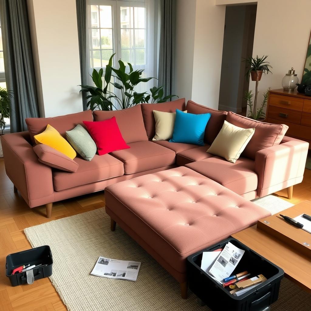 A fully assembled sofa in a cozy living room with cushions, a toolbox, and an instruction manual in the background.