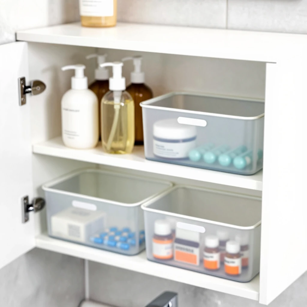 Neatly organized bathroom cabinet with bins
