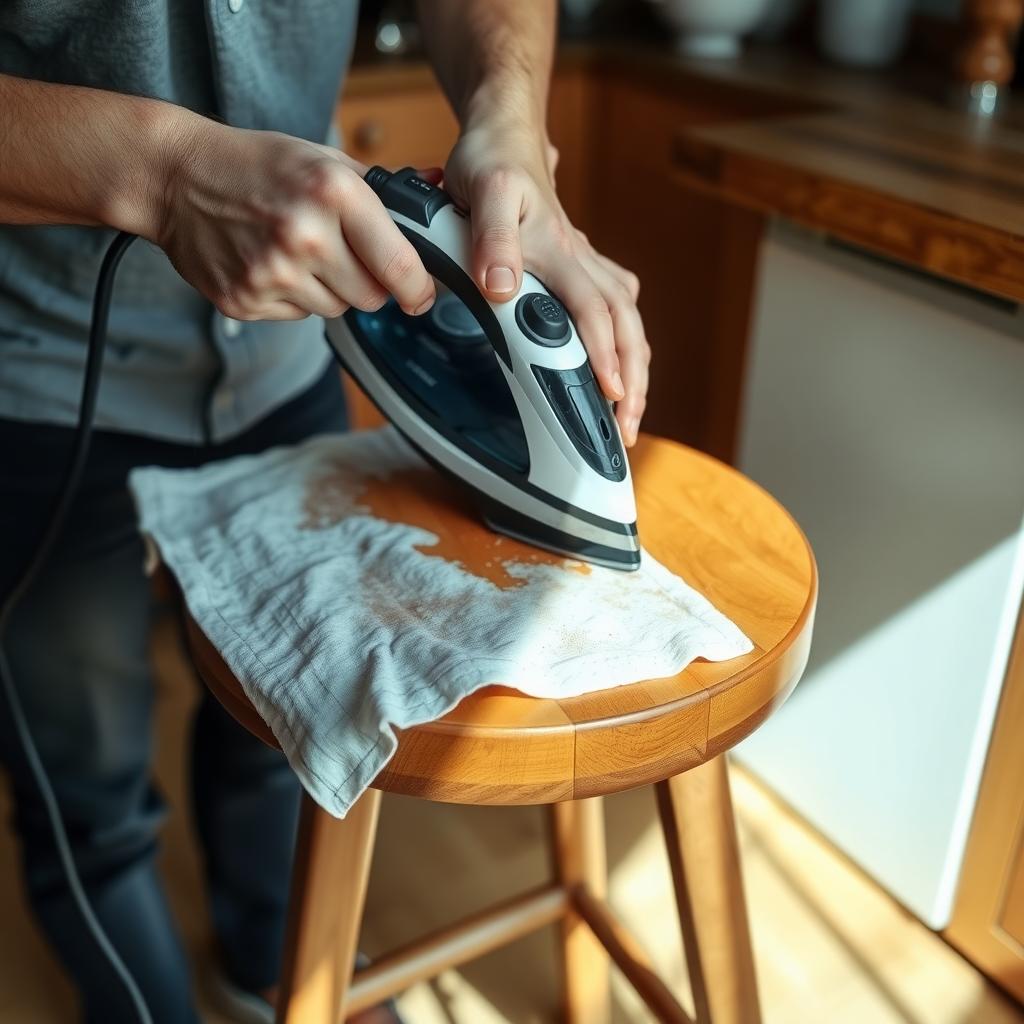 Person repairing a dent on a wooden bar stool with a hot iron and damp cloth in a cozy kitchen.