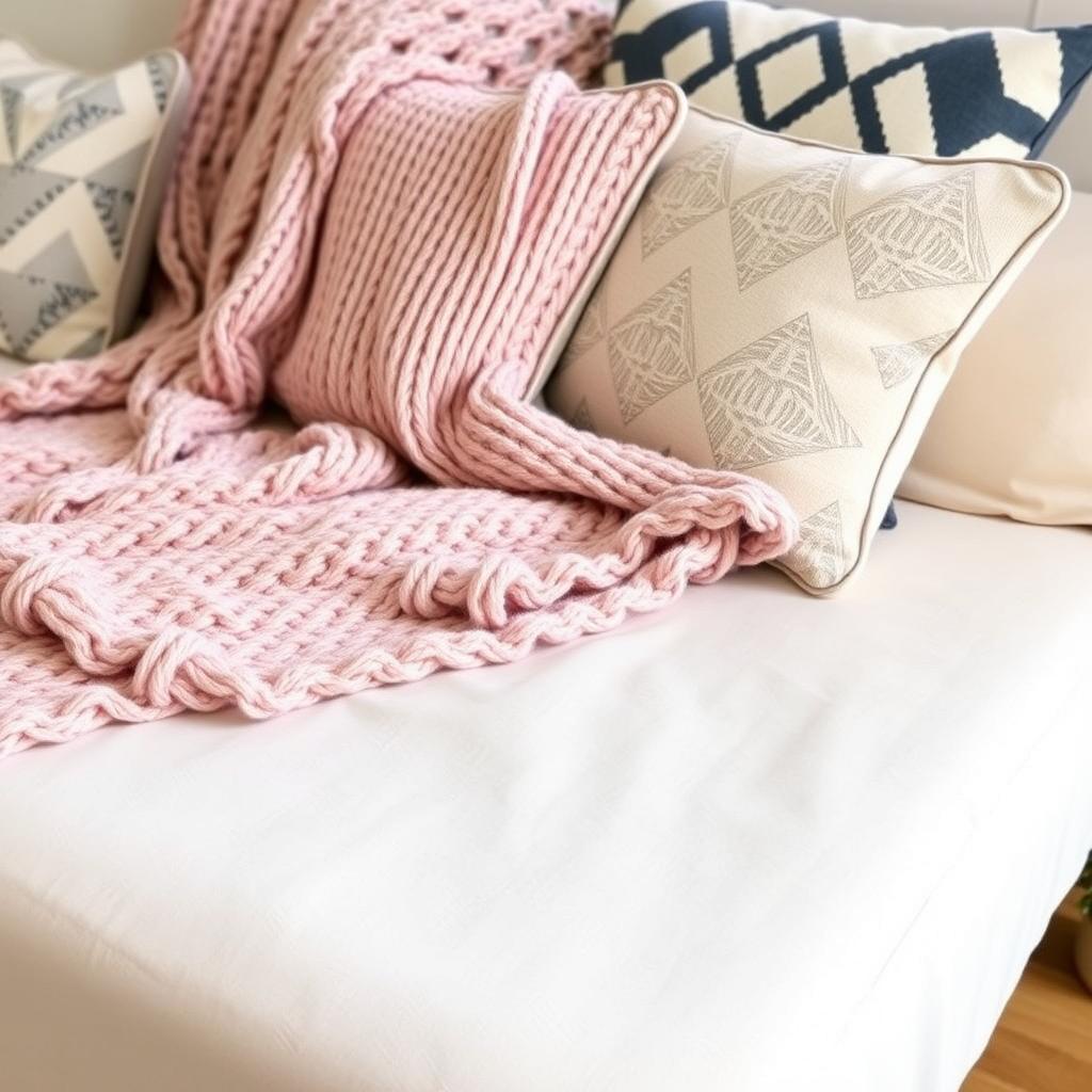 Close-up of a futon with a beige slipcover, pink throw, geometric pillows, and a potted plant nearby.